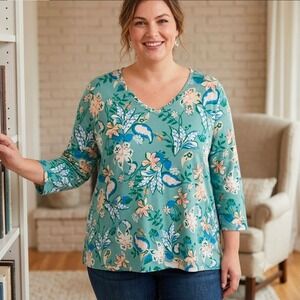 Chicos Floral Paisley V-Neck Top Sage Green 3/4 Sleeve Size 4 XXL Casual Office